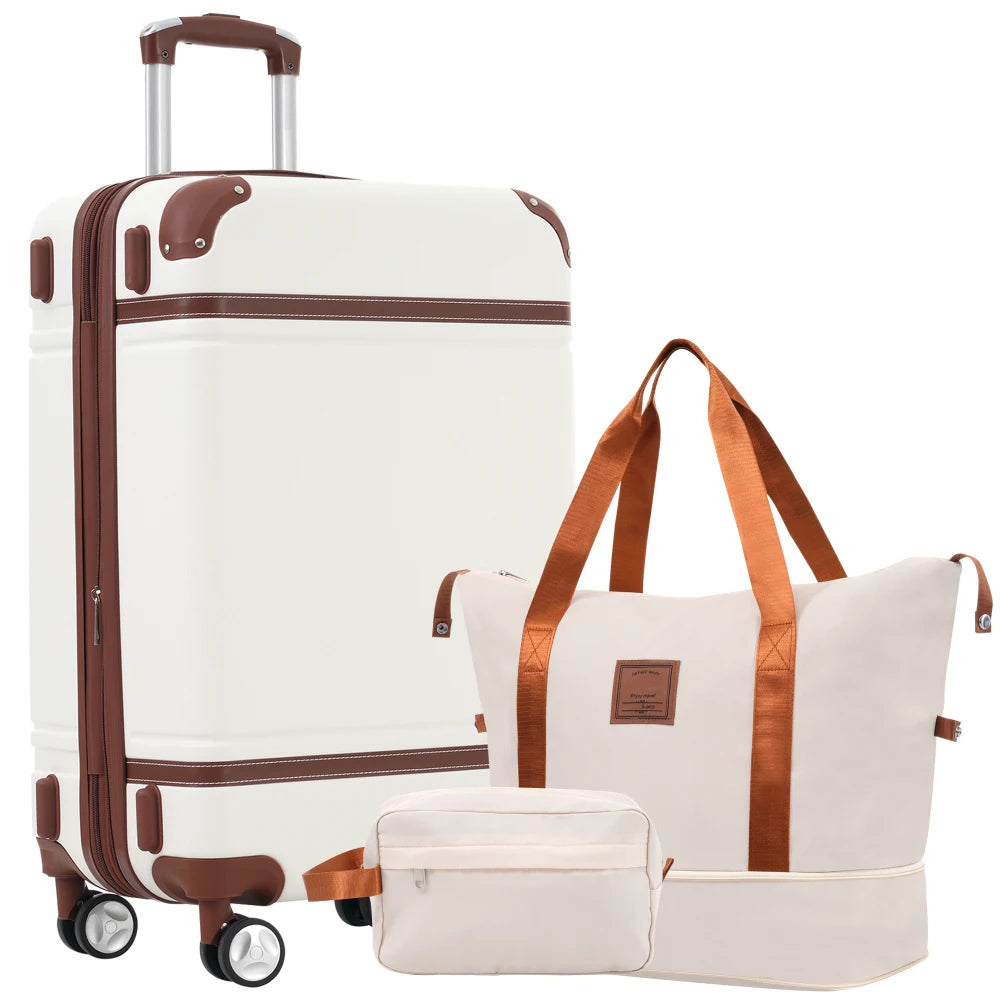 Hardshell Luggage Sets with Bags Lightweight Suitcase Double Spinner Wheels with TSA Lock Single Vintage Luggage 28 IN White