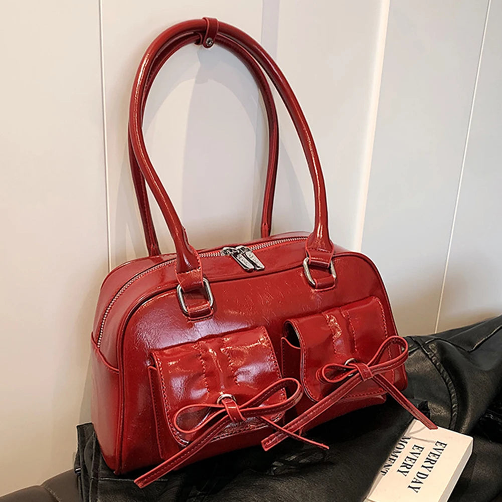 Women Trendy Handbags Double Pockets PU Leather Stylish Underarm Bag with Bow Casual Armpit Bag Solid Color for Travel Vacation