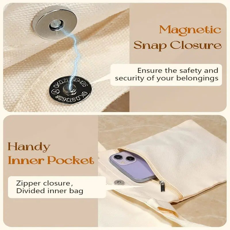 Aesthetic Tote Bag for Girls - with Magnetic Buckle and Zipper Inner Pocket for Women Lady Canvas Cotton Tote Bag