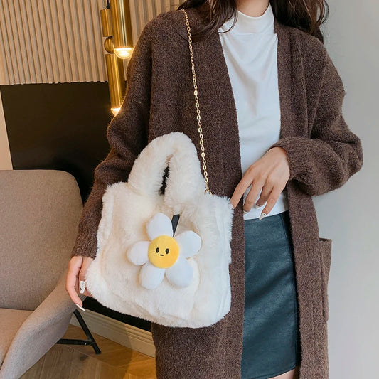 Women Plush Shoulder Bag with Chain Top Handle Bag Adjustable Strap Furry Purse Handbag for Work Travel