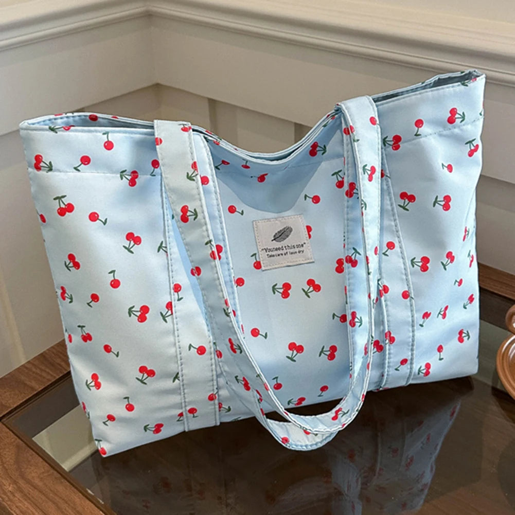 Cute Cherry Strawberry Print Casual Tote Bag Large Capacity Shoulder Purse Nylon Top Handle Bag Grocery Bag for Women