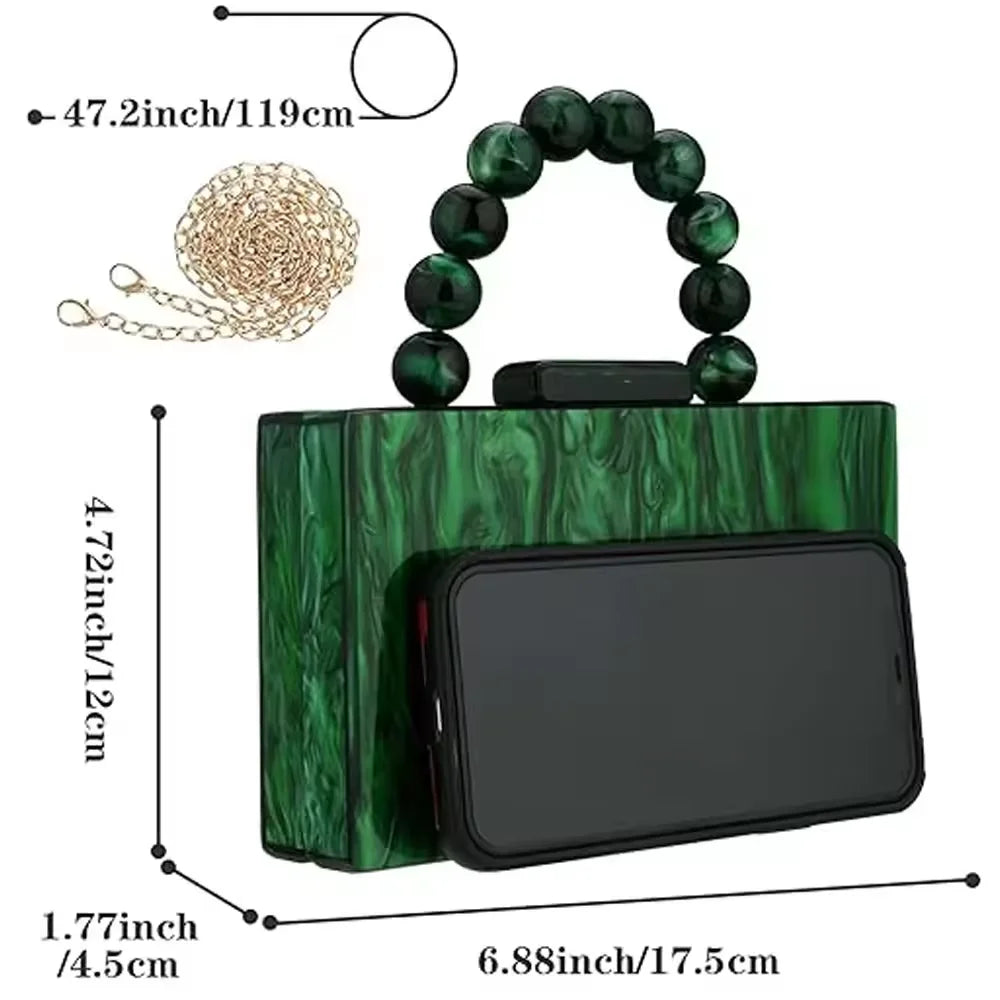 Wedding party crossbody bag, pearl marble, dark green acrylic PVC evening bag, women's wallet and handbag, beach flap