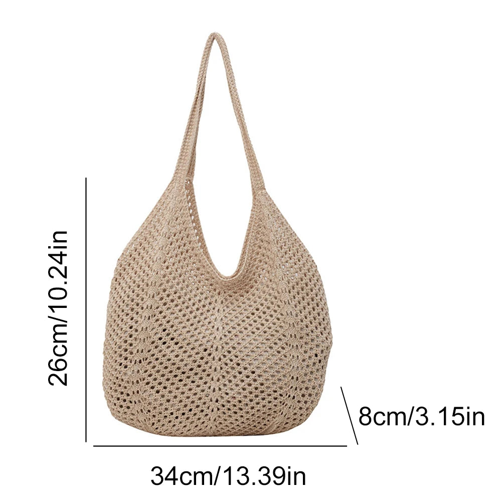 Retro Hand Knitted Shoulder Bag Fashion Women's Hollow Woven Handbag Large Capacity Solid Crochet Tote Bag Summer Mesh Beach Bag