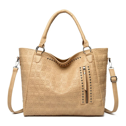Punk Skull Shoulder Bag PU Leather Studded Fashion Handbag Large Capacity Satchel Purse for Women Work Shopping