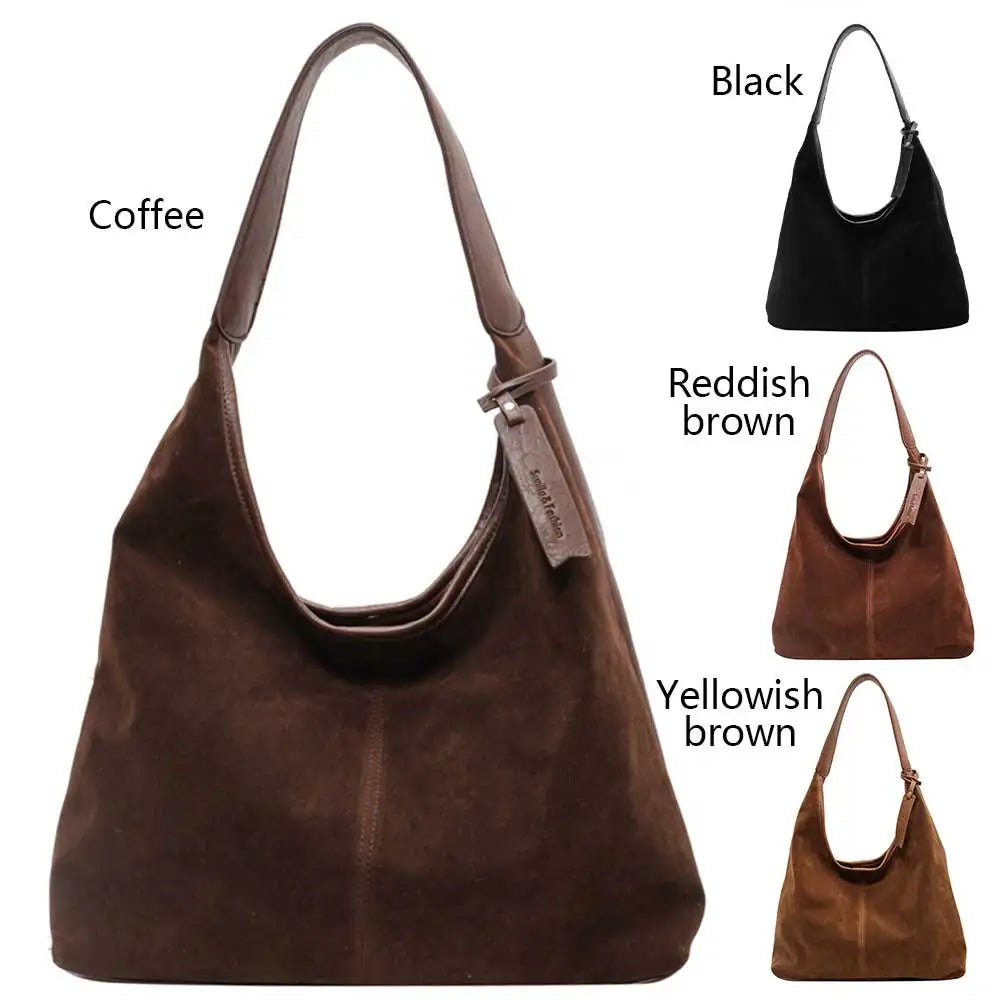 Women Suede Hobo Bag Slouchy Tote Bag Large Capacity Purse Magnetic Closure Retro Handbag for Work Travel