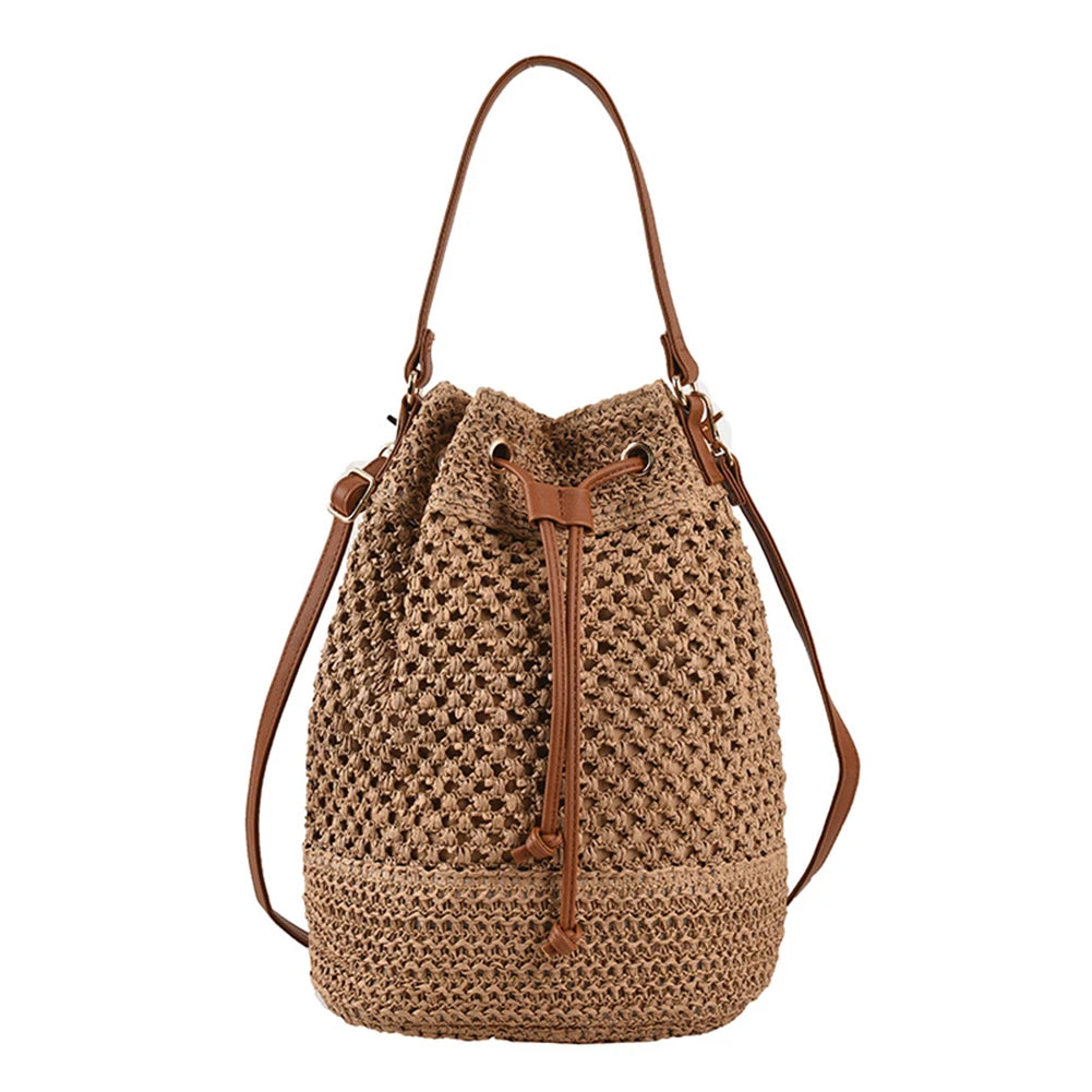 Summer Shoulder Bag Drawstring Straw Beach Crossbody Bags Adjustable Strap Fashion Casual Portable Elegant for Weekend Vacation