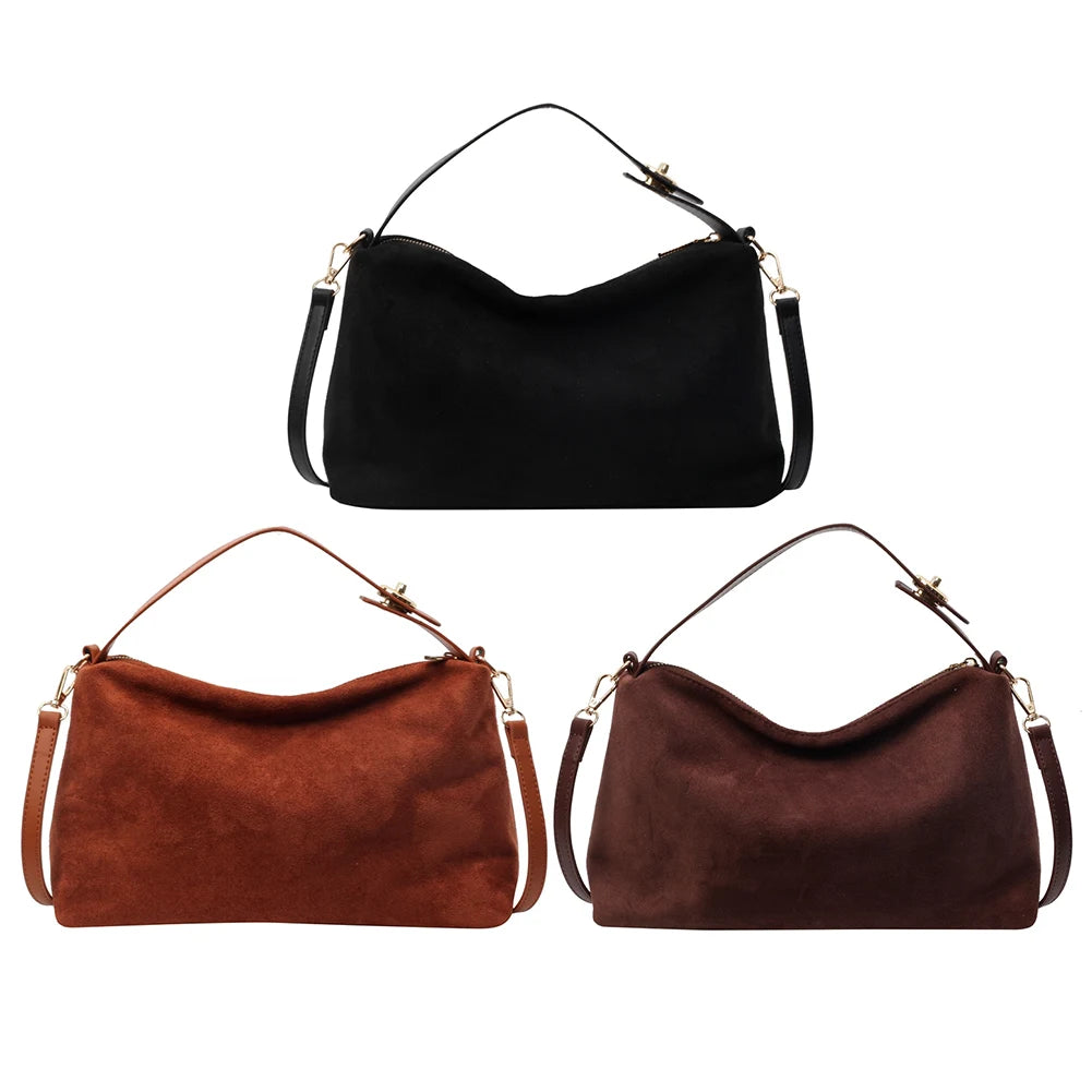 Women Suede Shoulder Bag Adjustable Strap Crossbody Bag With Inner Pocket Satchel Purse Zipper Clutch Purse for Work Travel