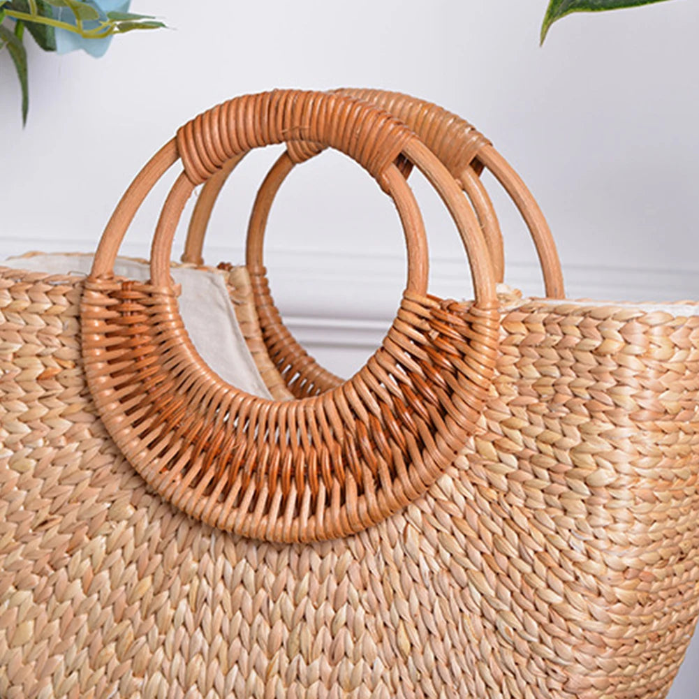 Women Summer Beach Bag Elegant Woven Top Handle Bag Travel Tote Purse Bucket Bag for Travel & Vacation