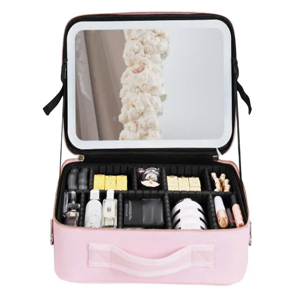 Smart LED Cosmetic Case with Mirror Travel Makeup Bags Large Capacity Fashion Simple PU Leather Casual for Weekend Vacation