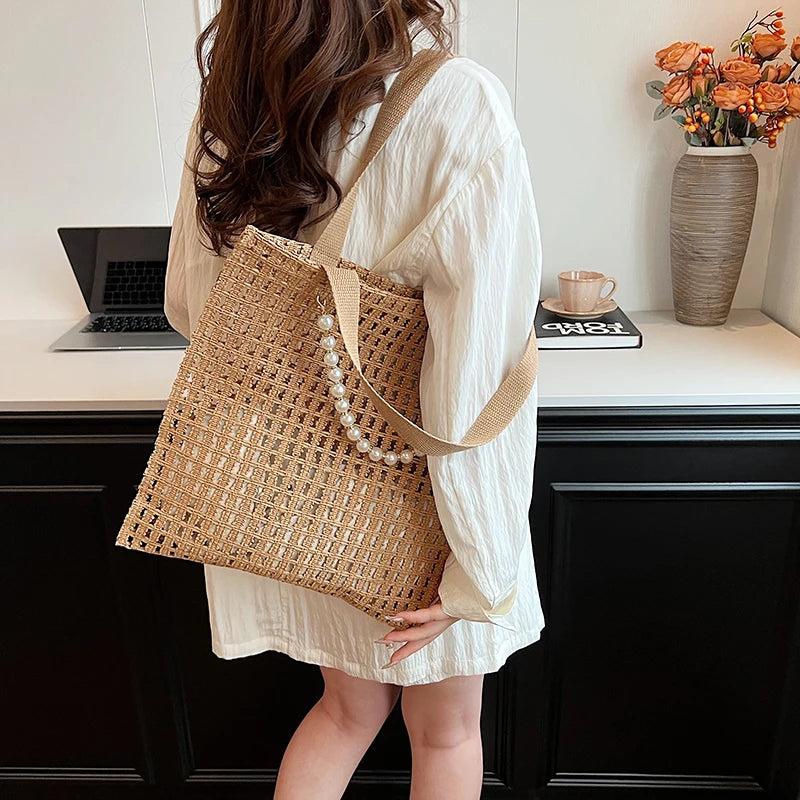 Crochet Tote Bag for Women Mesh Knit Shoulder Bag Large Capacity Woven Bag Solid Color for Travel Vacation