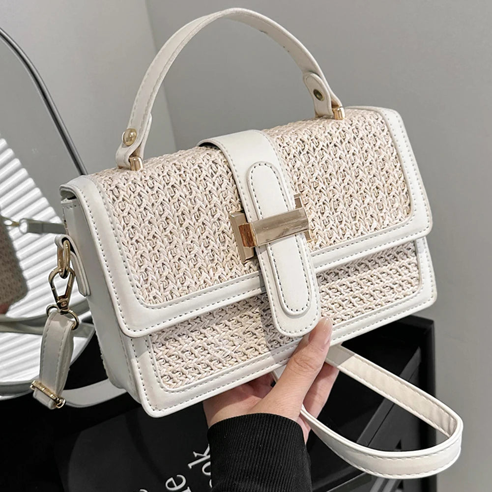 PU Leather Straw Crossbody Bag Flap Shoulder Bag with Adjustable Strap Holiday Travel Handbag Chic Satchel Purse for Women