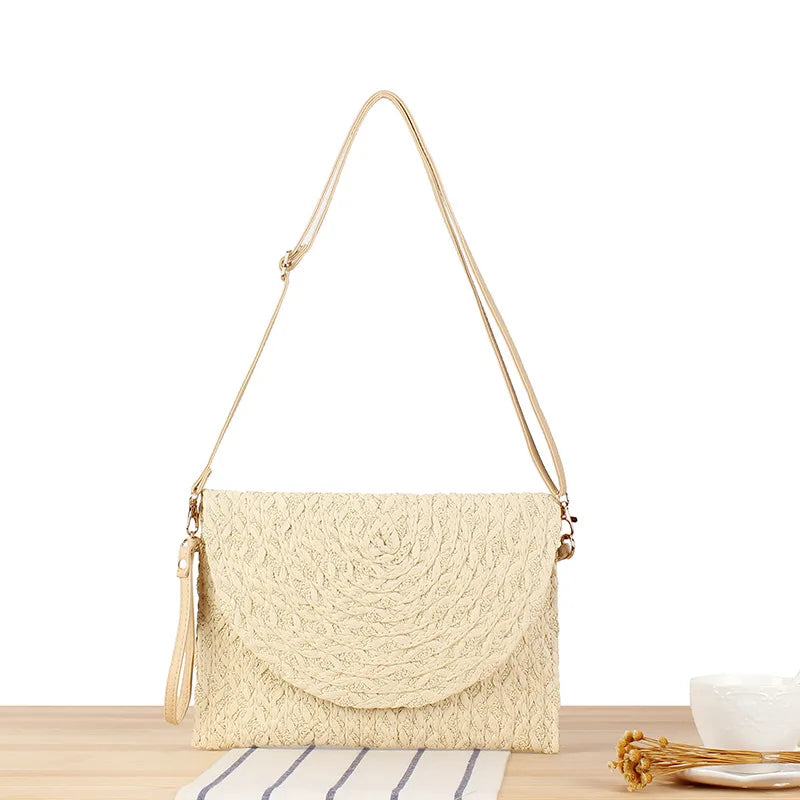Straw Clutches Beach Bag For Women Summer Crossbody Straw Bag With Bag Strap Rural Style Woven Shoulder Bag Casual Purse Wallets