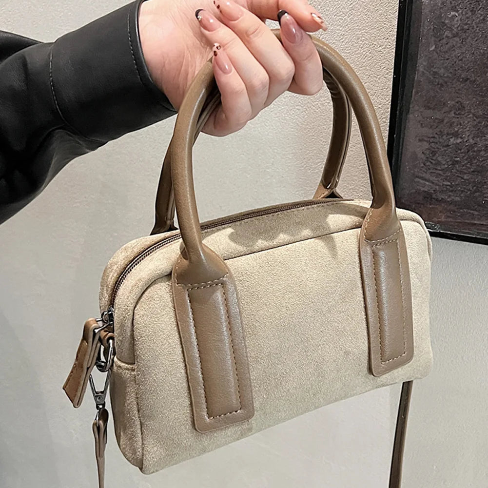 Women Suede Tote Bag Adjustable Strap Crossbody Bag with Multi-Pockets Handbag Zipper Satchel Bag for Work Travel