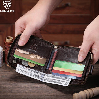 LEBULLBRO Mens Genuine Leather Zipper Wallet RFID Blocking Bifold Card Holder Wallet with coin pocket