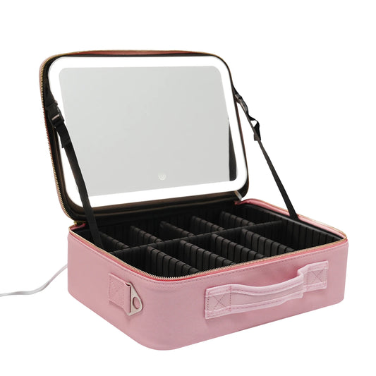 Black/Pink Large Smart LED Cosmetic Case with Mirror - Portable Travel Makeup Bag