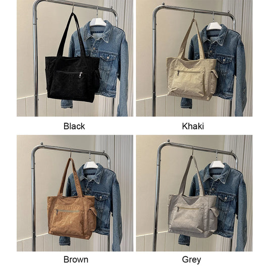 Women Corduroy Hobo Bag Large Capacity Casual Shoulder Tote Handbag Outer Pocket Satchel Bag Lightweight Shopping Bag