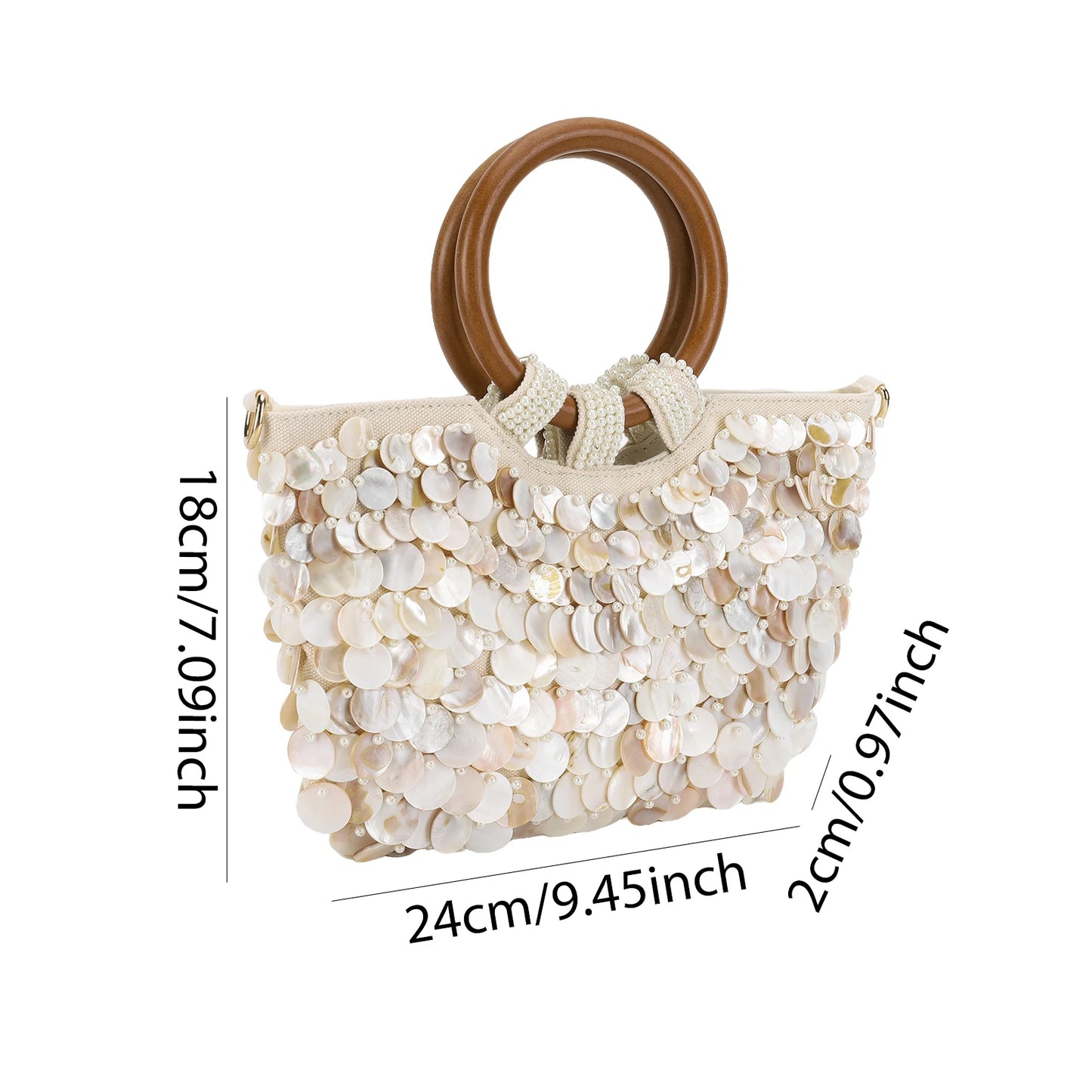 Shell Beaded Clutch Purse Wooden Handle Top Handle Bag Handmade Evening Handbag Evening Bag for Women Summer Vacation