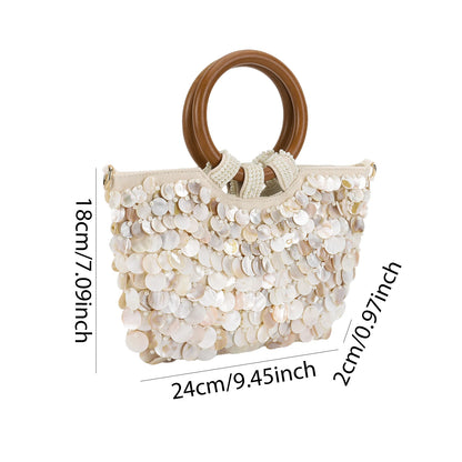 Shell Beaded Clutch Purse Wooden Handle Top Handle Bag Handmade Evening Handbag Evening Bag for Women Summer Vacation