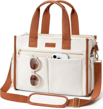 Canvas Tote Bag for Women, 15-Pocket Large Crossbody Handbag Bible Laptop Bag Zipper Bookbag for Teacher Work Travel College