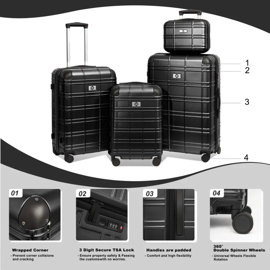 Luggage Sets ABS+PC Hardshell 4pcs Luggage Hardside Lightweight Durable Suitcase sets Spinner Wheels Suitcase with TSA Lock 12