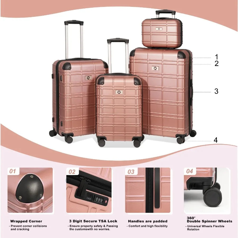 Luggage Sets ABS+PC Hardshell 4pcs Luggage Hardside Lightweight Durable Suitcase sets Spinner Wheels Suitcase with TSA Lock 12