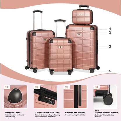 Luggage Sets ABS+PC Hardshell 4pcs Luggage Hardside Lightweight Durable Suitcase sets Spinner Wheels Suitcase with TSA Lock 12