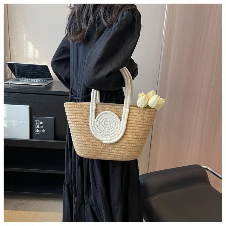 new large-capacity hand-held handbag for women with contrasting color cotton rope weaving