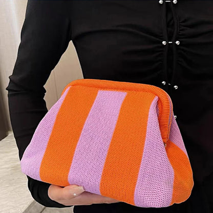 Ladies Crochet Clutch Purses Contrast Color Beach Bags Summer Woven Bags Women's Knitted Dumpling Bag Female Chic Colorblock Bag
