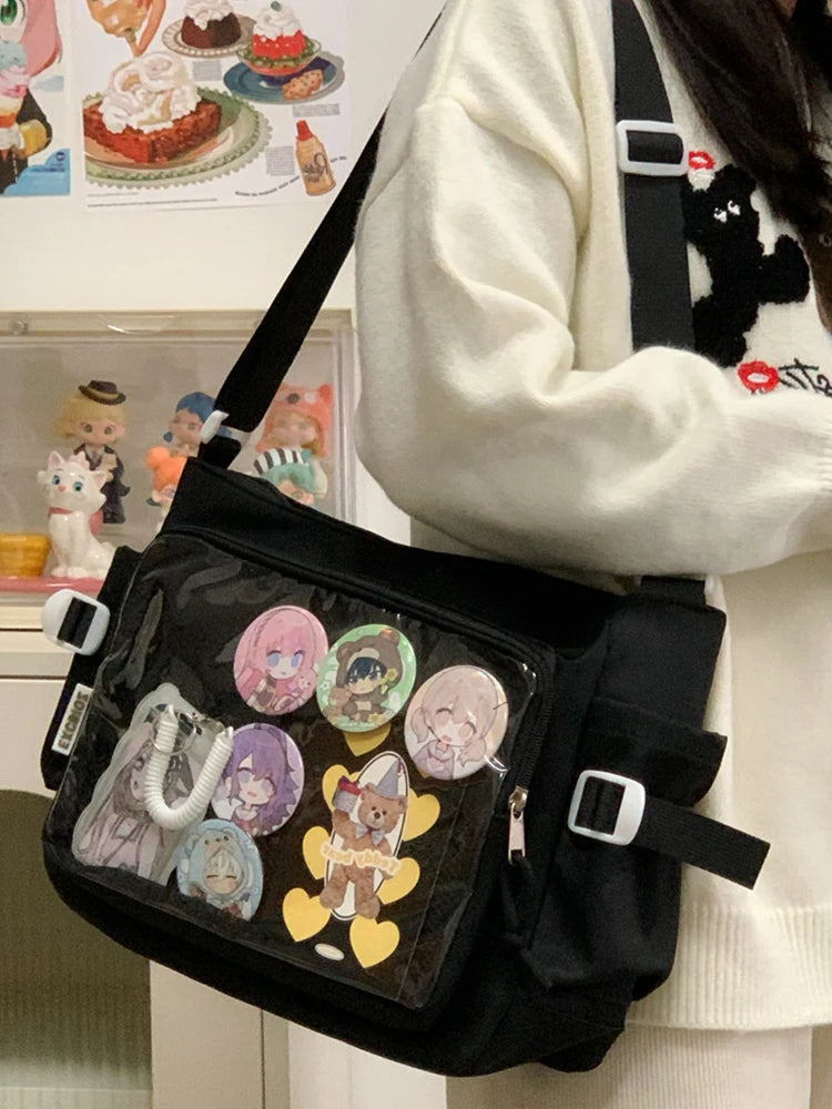 Women Ita Bag Cartoon Book Bag with Clear Window Teenagers School Bag Adjustable Strap Stylish Crossbody Bag Trendy Outdoor Bag