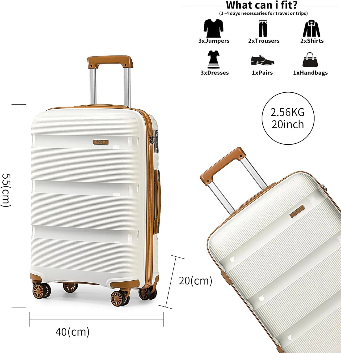 Kono Luggage Sets 3 Piece Hard Shell Travel Trolley 4 Spinner Wheels Lightweight Polypropylene Suitcase with TSA Lock