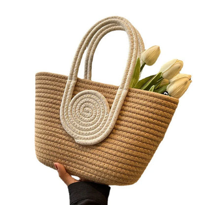 new large-capacity hand-held handbag for women with contrasting color cotton rope weaving