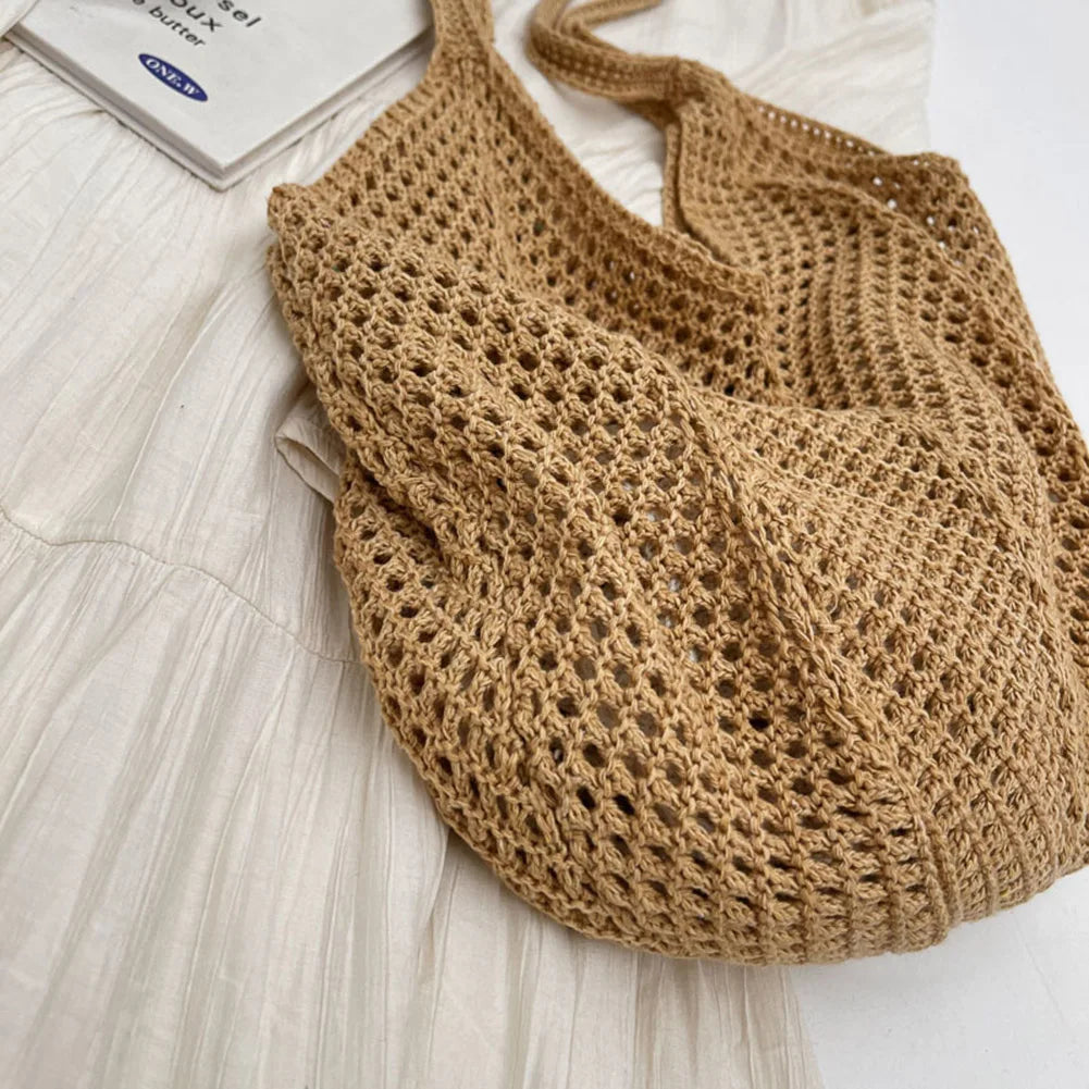Women Knitting Shoulder Bag Solid Color Hollow Summer Bag Large Capacity Knitted Tote Handbag Ladies Daily Handbag
