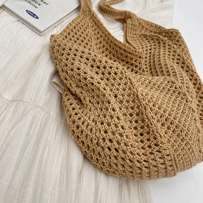 Women Knitting Shoulder Bag Solid Color Hollow Summer Bag Large Capacity Knitted Tote Handbag Ladies Daily Handbag