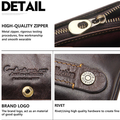 CONTACT'S 100% Genuine Leather RFID Men Wallet Zipper Retro Coin Purse Male Bifold  Card Holder Wallet