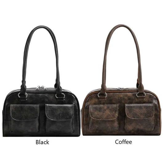 Women Fashion Armpit Bag Double Pocket PU Small Casual Handbag Solid Color Stylish Underarm Bags Large Capacity Retro Handbag
