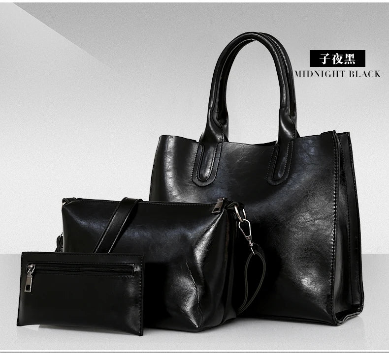 Women's Stylish Oil Wax Leather Handbag – European & American Fashion Tote with Crossbody Inner Bag