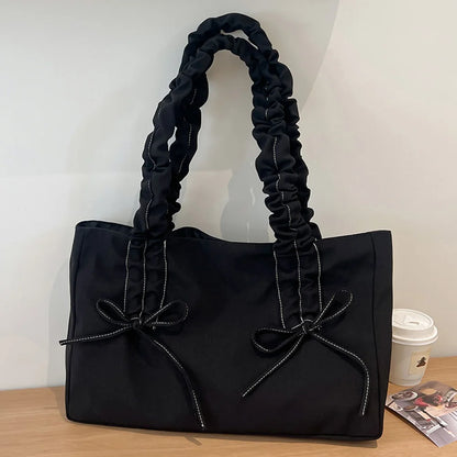 Women Nylon Tote Bag Fashion Shoulder Bag Solid Color with Bow Stylish Crossbody Bag Pleated Shoulder Strap Daily Sling Bag