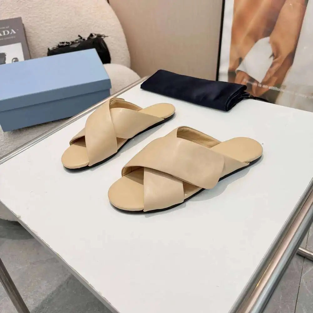 Triangle P New Women Genuine Leather Slippers Summer Beach Slides Leisure Flats Solid Designer Shoes Zapatillas De Mujer Aff