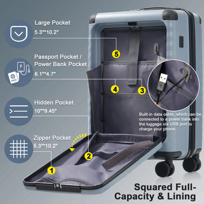 Luggage Sets 5 Piece with Front Opening , Hardside Expandable Carry on Suitcase with Spinner Wheels TSA Lock USB Port Cup Holder