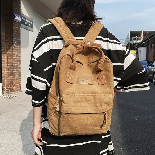 Vintage College Students Backpack Cotton Canvas Casual Laptop Books Bag Large Capacity Solid Color Fashion Knapsack