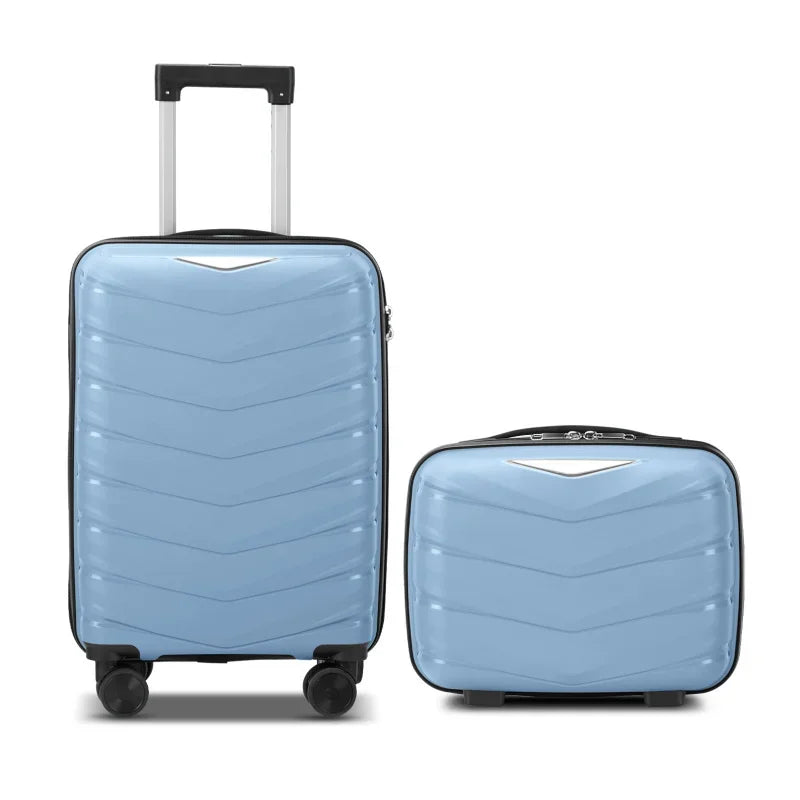 V-shaped stripes 2-piece set with PP handbag PP trolley case 14in 20in PP iron trolley fashionable color - sky blue (grain patte