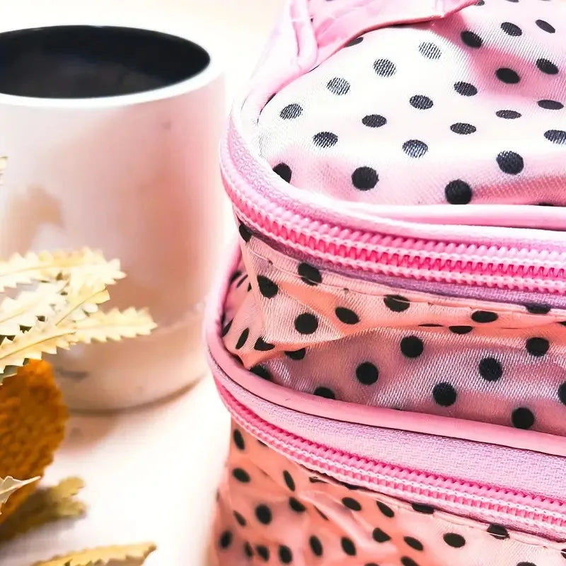 Double Layer Polka Dot Makeup Bag for Women, Travel Toiletry Organizer with Handle & Brush Holder, Cosmetic Pouch for Ladies
