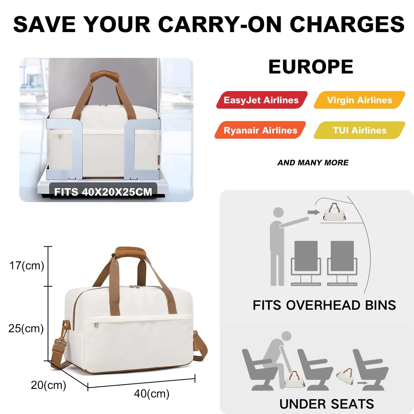 Kono Cabin Bag 40x20x25 for Ryanair Underseat Carry On Hand Luggage Bag Travel Duffel 20L