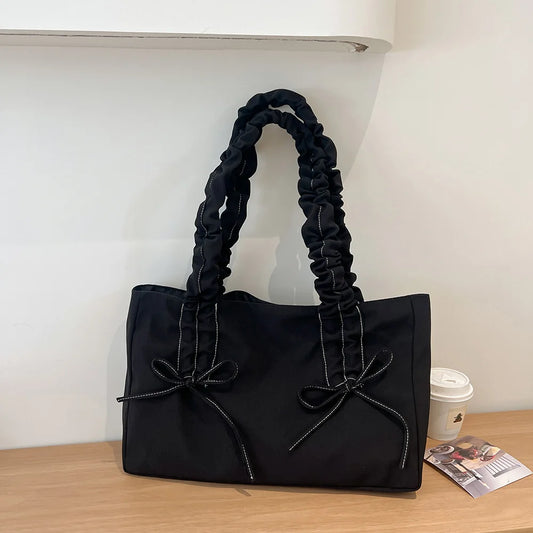 Women Nylon Tote Bag Fashion Shoulder Bag Solid Color with Bow Stylish Crossbody Bag Pleated Shoulder Strap Daily Sling Bag