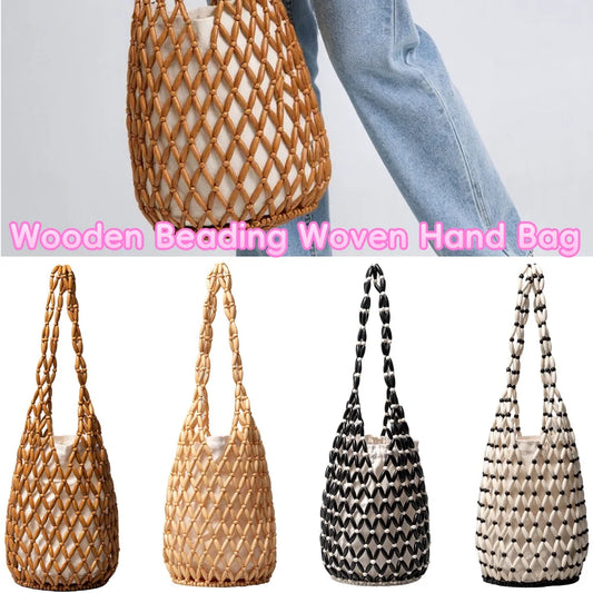 Women Beaded Bag Hollow-out Wooden Bead Tote Bucket Fashion Shoulder Bag Female Beach Handbag Storage Bag for Travels Shopping