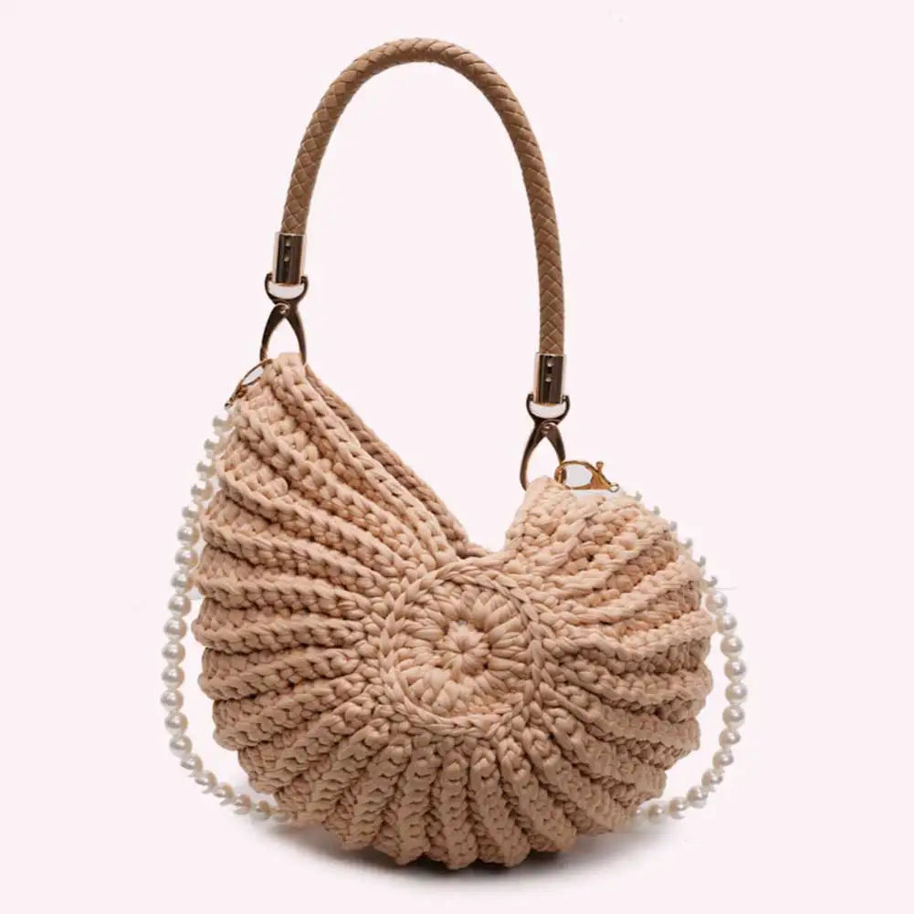 Handwoven Seashell Women Beach Shoulder Bag Solid Color Pearls Chain Crossbody Bag Multifunctional Novelty Small Handbags