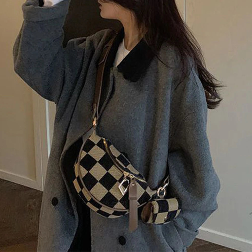 Women Men Canvas Shoulder Bag Adjustable Strap Fanny Pack Checkerboard Sling Bag with Zipper Chest Bag for Shopping Travel