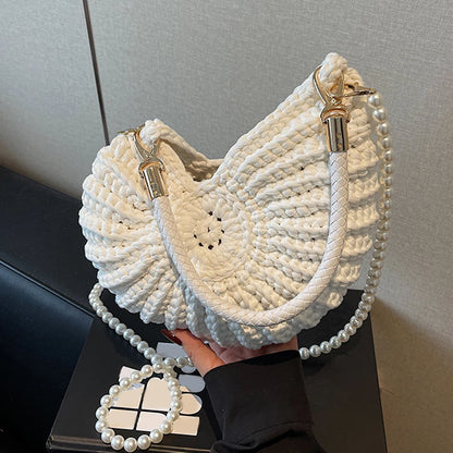 Handwoven Seashell Women Beach Shoulder Bag Solid Color Pearls Chain Crossbody Bag Multifunctional Novelty Small Handbags