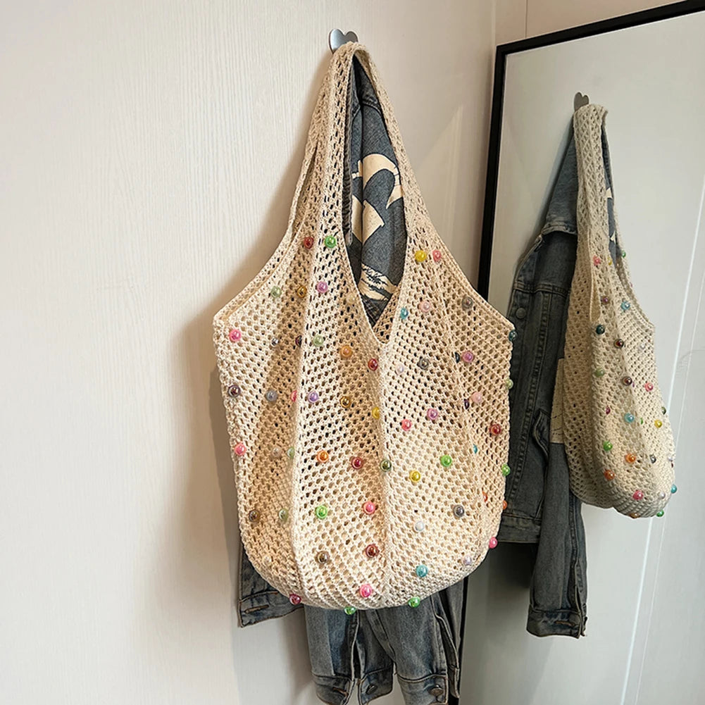 Women Boho Crochet Bag with Colored Beads Aesthetic Knit Bag Large Capacity Knitted Tote Handbag Ladies Daily Handbag