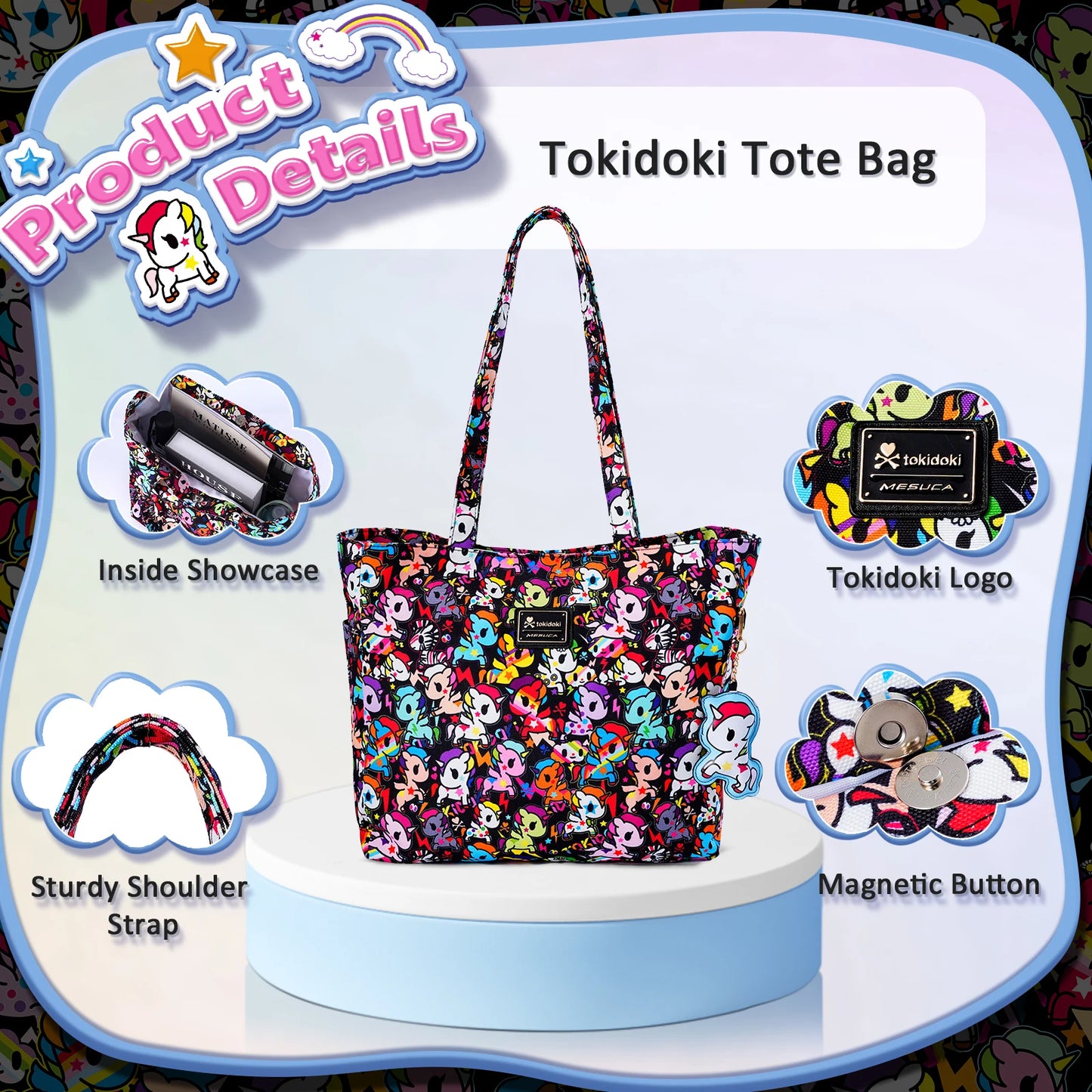 Tokidoki Official Licensed Shoulder Bag for Women with Unicorno Keychain Tote Bag Large Capacity Handbag for Work Travel